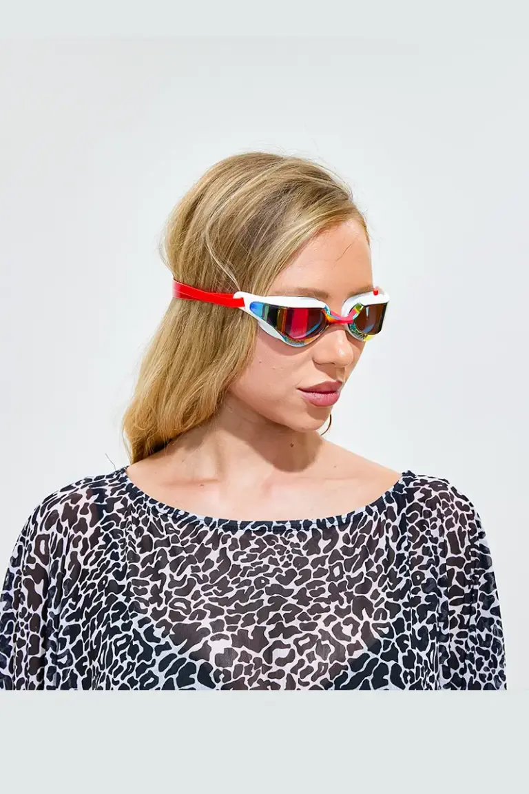 Red & White Racing Swim Goggles with Mirrored Lens1
