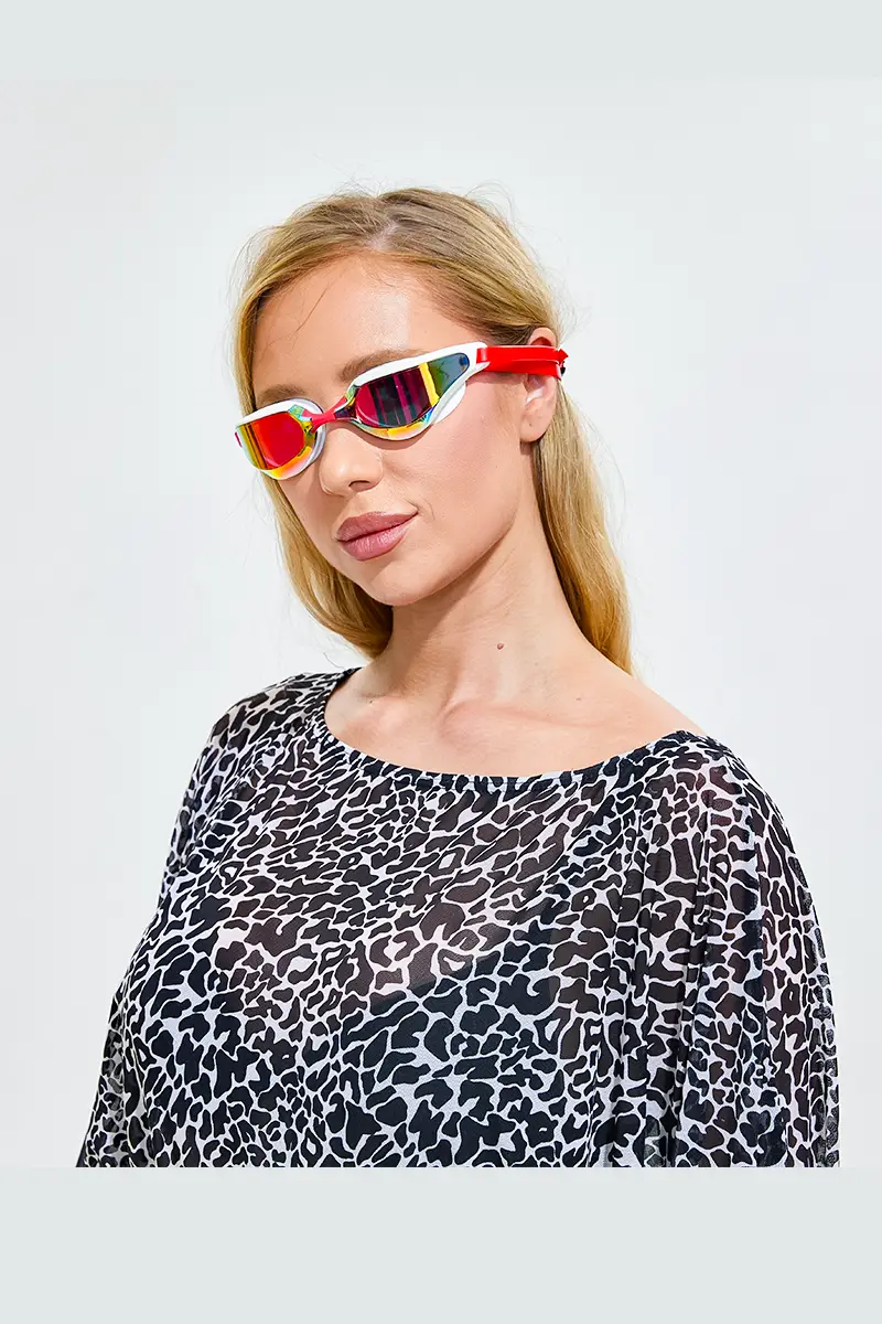 Red & White Racing Swim Goggles with Mirrored Lens3